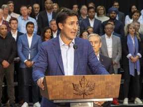 Primer Minister Justin Trudeau announced his government will remove the GST from construction of new rental apartments, during a press conference in London, Ont., Thursday, Sept. 14, 2023.