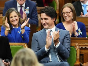 Prime Minister Justin Trudeau looks over at Olena Zelenska, Ukrainian President Volodymyr Zelenskyy's wife, as her husband delivers a speech in the House of Commons in Ottawa on Friday, Sept. 22, 2023. THE CANADIAN PRESS/Sean Kilpatrick