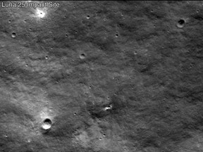This handout picture taken on August 24, 2023 by the Lunar Reconnaissance Orbiter Camera (LROC) and made available by NASA's Goddard Space Flight Center/Arizona State University on August 31, 2023 shows a new impact crater on the Moon's surface likely from Russia's Luna 25 mission. The Luna-25 module has crashed on the Earth's natural satellite after an incident during pre-landing manoeuvres, the Russian space agency Roscosmos said on August 20, 2023.