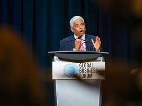 Vikas Swarup, former high commissioner of India in Canada and author of Slumdog Millionaire, speaks at the Global Business Forum in Banff on Friday, Sept. 22.