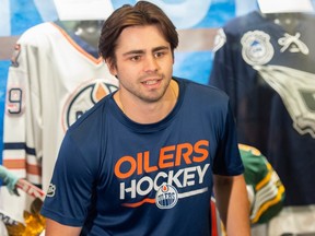 Edmonton Oilers rookie Carter Savoie speaks with media at Rogers Place on Wednesday, Sept 13, 2023.