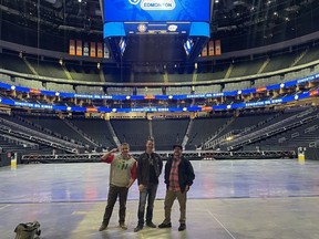 Love Pro Wrestling (LPW) founder Spencer Love (centre) poses for a photo with friends at Rogers Place as the local pro wrestling company announced a partnership with the Edmonton Oil Kings to host the LPW x EOK: The Oil Rumble event on January 21, 2024.