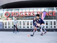 Kids play ball hockey in front of Rogers Place on Oilers Fan Day at ICE District. The family-friendly included the largest locker room sale of the season, an Oilers alumni autograph session and hot-stove interview on Sept 22, 2023. Photo by Shaughn Butts-Postmedia