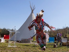 Kyle Stanley performs the grass dance at the grand opening of kihcihkaw askî, which means sacred land in Cree and is Canada's first urban Indigenous ceremony grounds on Friday, Sept. 22, 2023 in Edmonton. Greg Southam-Postmedia