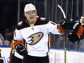 Trevor Zegras of the Anaheim Ducks celebrates scoring a goal.