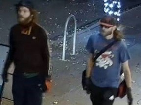 Police issued this photo of two male suspects in the theft of a vehicle with a blind and non-verbal woman seated in a wheelchair inside in Edmonton Thursday night, Oct. 19, 2023.