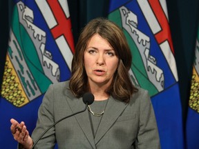 Alberta Premier Danielle Smith comments on the Supreme Court finding the federal environmental impact assessment law unconstitutional during a press conference in Calgary on Friday, October 13, 2023.