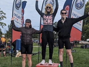 Podium at Chicago Cyclocross Cup featuring transgender cyclists in first and second place.