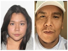 Alberta RCMP are searching for 26-year-old Theresa Kathleen Coutre, left, who they believe may have been abducted from her home on Tuesday, Oct. 10, 2023. Police are are looking for 33-year-old Goodfish Lake resident Shelby Jackson who they say is considered armed and dangerous.