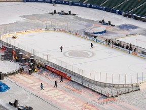The rink for the Heritage Classic is seen from high in the stands of Commonwealth Stadium