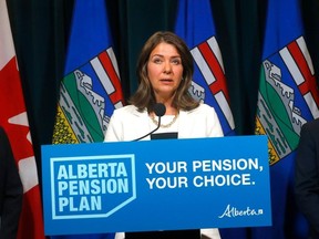 Alberta Premier Danielle Smith releases an independent report on a potential Alberta Pension Plan in Calgary on Thursday, Sept. 21, 2023.