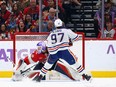 Edmonton Oilers captain Connor McDavid scores against Florida Panthers goaltender Sergei Bobrovsky on a second period penalty shot on Nov.20, 2022.