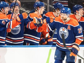 Edmonton Oilers' Leon Draisaitl (29) celebrates a goal against the New York Islanders during first period NHL action in Edmonton on Monday, Nov. 13, 2023.