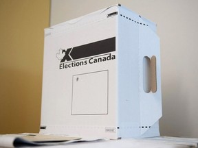 A sample ballot box is seen ahead of the 2019 federal election at Elections Canada's offices in Gatineau, Que., Friday, Sept. 20, 2019.