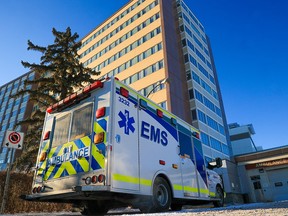 An ambulance waits outside the ambulance bay at the Foothills Medical Centre in Calgary.