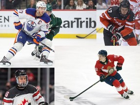 Composite photo of Edmonton Oilers captain Connor McDavid and former Regina Pats forward Connor Bedard. McDavid, top two, and Bedard ,bottom two.  Photo credit clockwise from top left, Matt Krohn-USA TODAY Sports, Claus Andersen/Getty Images, TROY FLEECE / Regina Leader-Post, THE CANADIAN PRESS/Jason Franson TROY FLEECE / Regina Leader-Post