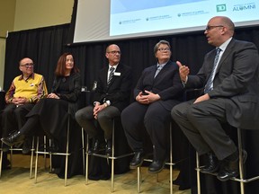 The first Chancellor's Forum on the 20th anniversary of the Vriend decision. Speakers are, from left, Michael Phair (chairman of the U of A board of governors), Sheila Greckol of the Alberta Court of Appeal (lead counsel for Delwin Vriend), Chancellor Doug Stollery (co-counsel for Delwin Vriend), Julie Lloyd (Alberta's first openly gay judge and an intervener in the Vriend case) and Kris Wells (then-director of the U of A's Institute for Sexual Minority Studies), at the University of Alberta in Edmonton on March 19, 2018.