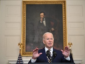 US President Joe Biden speaks in the State Dining Room of the White House on February 6, 2024 in Washington, DC.