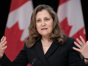 Finance Minister Chrystia Freeland says a tax on beer, spirits and wine is set to increase on April 1 to two per cent. Freeland responds to a question during a weekly news conference in Ottawa, Tuesday, Feb. 27, 2024.