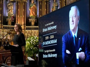 Caroline Mulroney delivers a eulogy from the pulpit for her father, former prime minister Brian Mulroney, during his funeral in Montreal, Saturday on March 23, 2024.