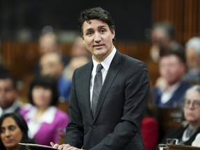 Prime Minister Justin Trudeau pays tribute to the late prime minister Brian Mulroney in the House of Commons on Parliament Hill in Ottawa on Monday, March 18, 2024.