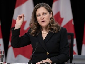 Deputy Prime Minister and Minister of Finance Chrystia Freeland responds to a question during a weekly news conference on February 27, 2024 in Ottawa.