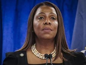 New York Attorney General Letitia James speaks during a press briefing, Friday, Feb. 16, 2024, in New York.