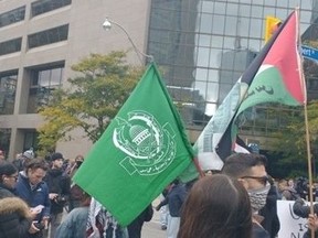 A Hamas flag was paraded at a pro-Palestinian protest in October 2023 in Toronto.