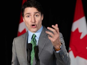 Prime Minister Justin Trudeau speaks to reporters following his meeting with Quebec Premier Francois Legault on Friday March 15, 2024.