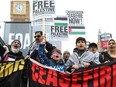 Protesters take part in a pro-Palestinian rally in Parliament Square on April 27, 2024 in London, England. Protesters are demanding that the UK cease arms transfers to Israel amid the Israel-Hamas war.