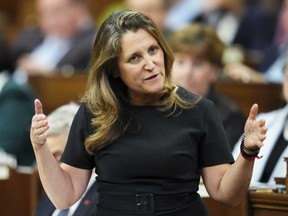 Deputy Prime Minister and Minister of Finance Chrystia Freeland rises during question period in the House of Commons on Parliament Hill in Ottawa on Tuesday, March 19, 2024.