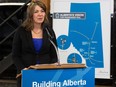 Premier Danielle Smith speaks in a press conference announcing a master plan for passenger rail in Alberta at Heritage Park in Calgary on Monday, April 29, 2024.