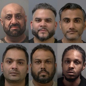 Arrested so far in connection with Project 24K are: (top row from left to right) Air Canada employee Parmpal Sidhu, 54, of Brampton, Amit Jalota, 40, of Oakville, Ammad Chaudhary, 43, of Georgetown, (bottom row from left to right) Ali Raza, 37, of Toronto, Prasath Paramalingam, 35, of Brampton, and Durante King-Mclean, a 25-year-old man from Brampton, who is currently in custody in the U.S.