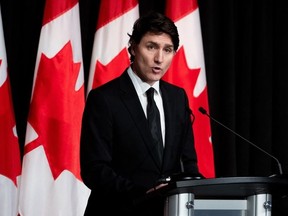 Prime Minister Justin Trudeau delivers remarks on recent developments in Israel in Ottawa on Saturday, April 13, 2024.