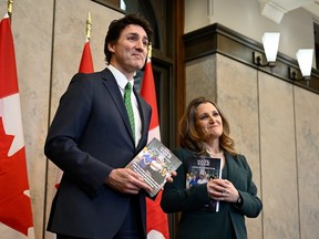 Prime Minister Justin Trudeau and Deputy Prime Minister and Minister of Finance Chrystia Freeland arrive to deliver the federal budget in the House of Commons on Parliament Hill in this photo from March 28, 2023.