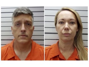 This combo of booking photos provided by the Muskogee County, Okla., Sheriff's Office shows Jon Hallford, left, and Carie Hallford, the owners of Return to Nature Funeral Home, a Colorado funeral home where 190 decaying bodies were found. Investigators who entered the funeral home encountered stacks of partially covered human remains, bodily fluids several inches deep on the floor and flies, an FBI agent testified Thursday, Jan. 11, 2024.