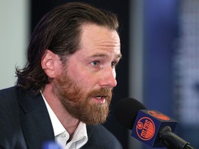 Duncan Keith announces his retirement from the NHL after 17 seasons, during a press conference in Edmonton on July 12, 2022.