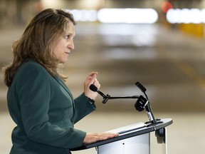 Chrystia Freeland, deputy prime minister and finance minister, speaks during a news conference at a transit bus maintenance facility in Brampton, Ont., on Friday, June 7, 2024.