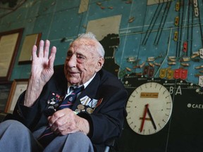D-Day veteran Les Underwood, 99, a former Royal Navy gunner talks to a journalist in the map room at Southwick House, the nerve centre of D-Day operations 80 years ago, during a gathering of Second World War veterans near Portsmouth on June 3, 2024.