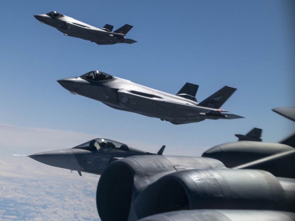 Royal Norwegian Air Force F-35s and a Swedish Air Force Saab Gripen fly with a U.S. Air Force B-52 bomber during joint operations over Europe in June 2024.