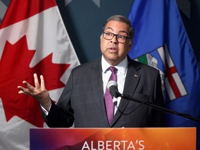 Naheed Nenshi, Leader of the Official Opposition, speaks to media about the separatist referendum question in Calgary on Tuesday, May 19, 2026.