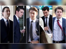 A composite image of five photographs show former members of Canada's 2018 World Juniors hockey team, left to right; Alex Formenton, Cal Foote, Michael McLeod, Dillon Dube and Carter Hart as they individually arrived to court in London, Ont., April 22, 2025.