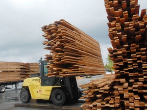 A fork lift maneuvers cedar lumber to a flatbed truck in the yard at the International Forest Products Hammond Cedar saw mill in Maple Ridge, British Columbia