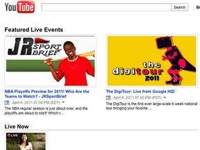 Screen grab of the YouTube Live homepage, launched Friday morning