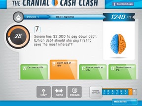 Screen shot of new Cranial Cash Clash interactive game to boost financial literacy. The OSC's Investor Education Fund unveiled its mobile, social-media facilitated game on Thursday.