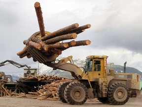 Logs are transported through a Tembec Inc. lumber yard in Canal Flats, British Columbia.