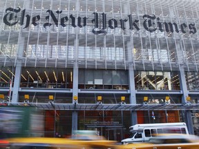 The facade of the New York Times building is seen in New York.