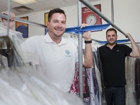 Rob Winn, director of sales with Urban Hamper, left, and Demetrios J. Gicas, owner of Access Cleaners. The startup offers dry cleaners on online platform.