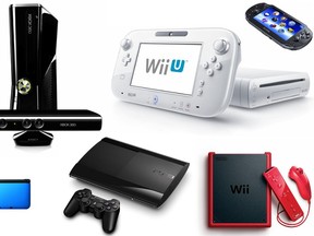 Clockwise, from top left: Microsoft Xbox 360 with Kinect sensor bar, Nintendo Wii U, Sony PlayStation Vita, Nintendo Wii Mini, Sony PlayStation 3 Super Slim, Nintendo 3DS XL.