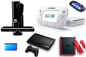 Clockwise, from top left: Microsoft Xbox 360 with Kinect sensor bar, Nintendo Wii U, Sony PlayStation Vita, Nintendo Wii Mini, Sony PlayStation 3 Super Slim, Nintendo 3DS XL.